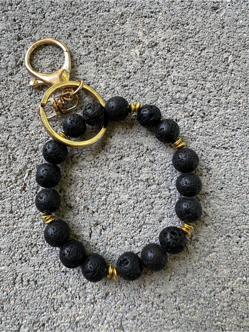 Lava Stone Beaded Keychain Bracelet with Gold Hardware